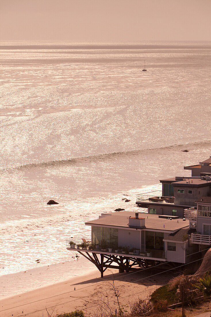USA, California, Malibu, an aerial view of a Malibu home by the sea