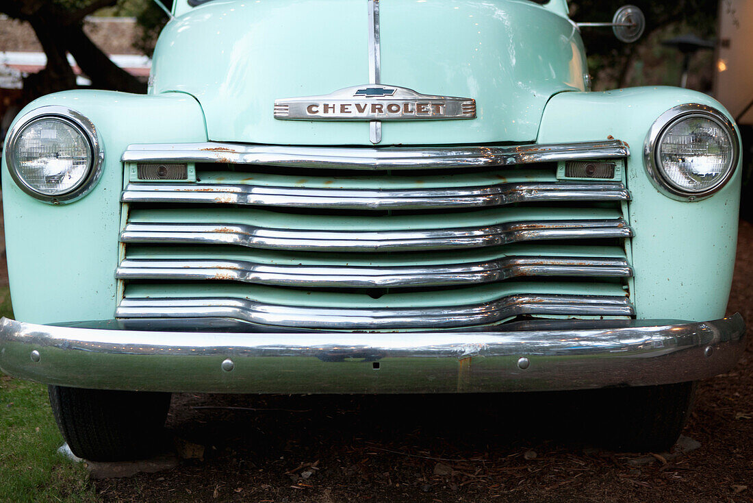 USA, California, Malibu, details of a classic Chevy pickup truck in the Malibu Hills at Saddleback Ranch