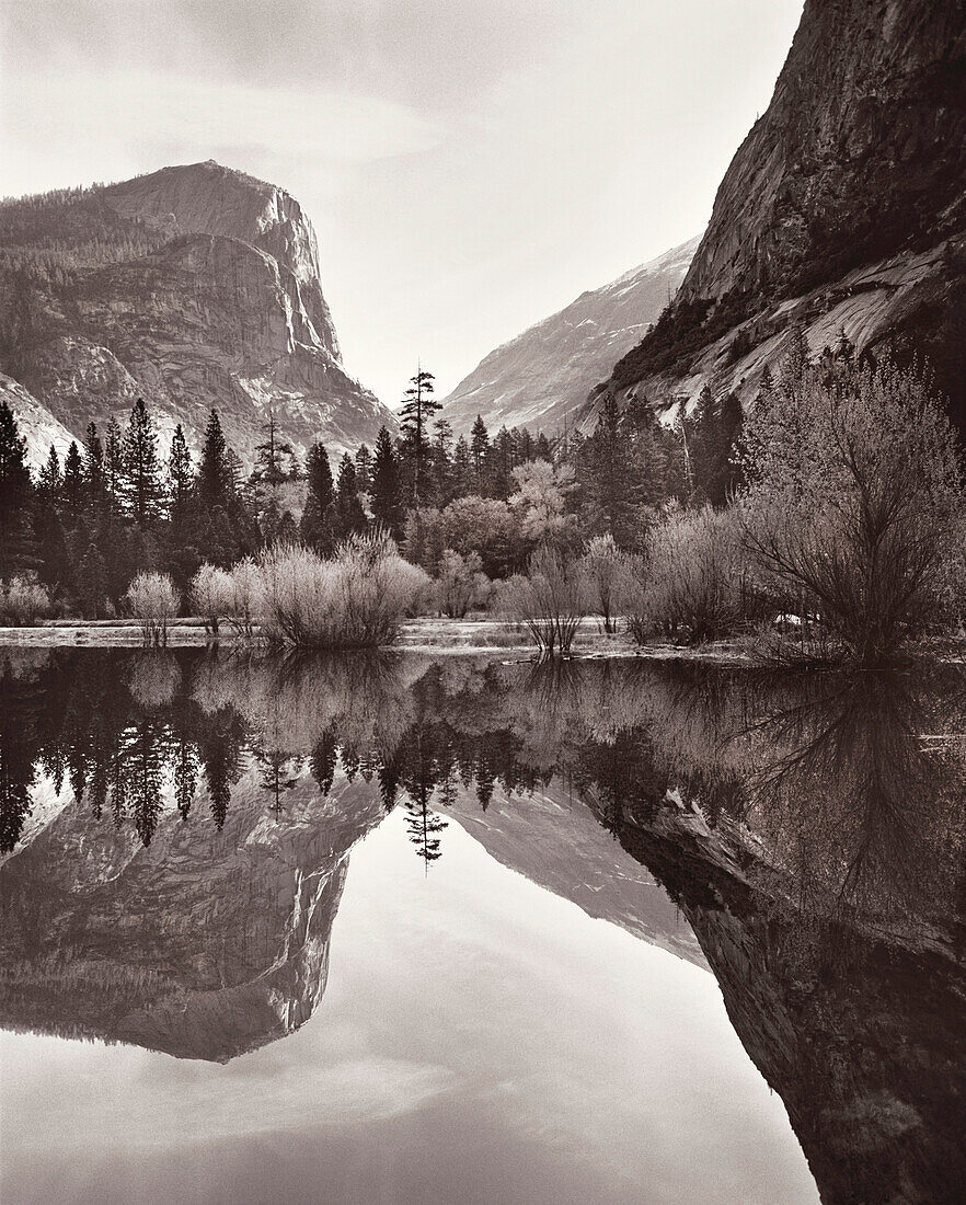 USA, California, Yosemite National Park, Mirror Lake with reflections of Half Dome and Mount Watkins (B&W)