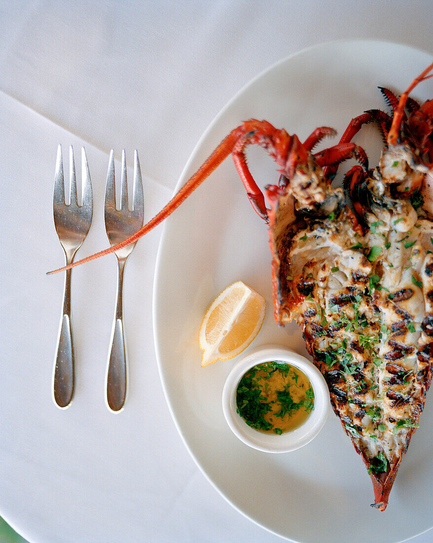 USA, California, Los Angeles, food shot of a grilled lobster at The Lobster Restaurant in Santa Monica