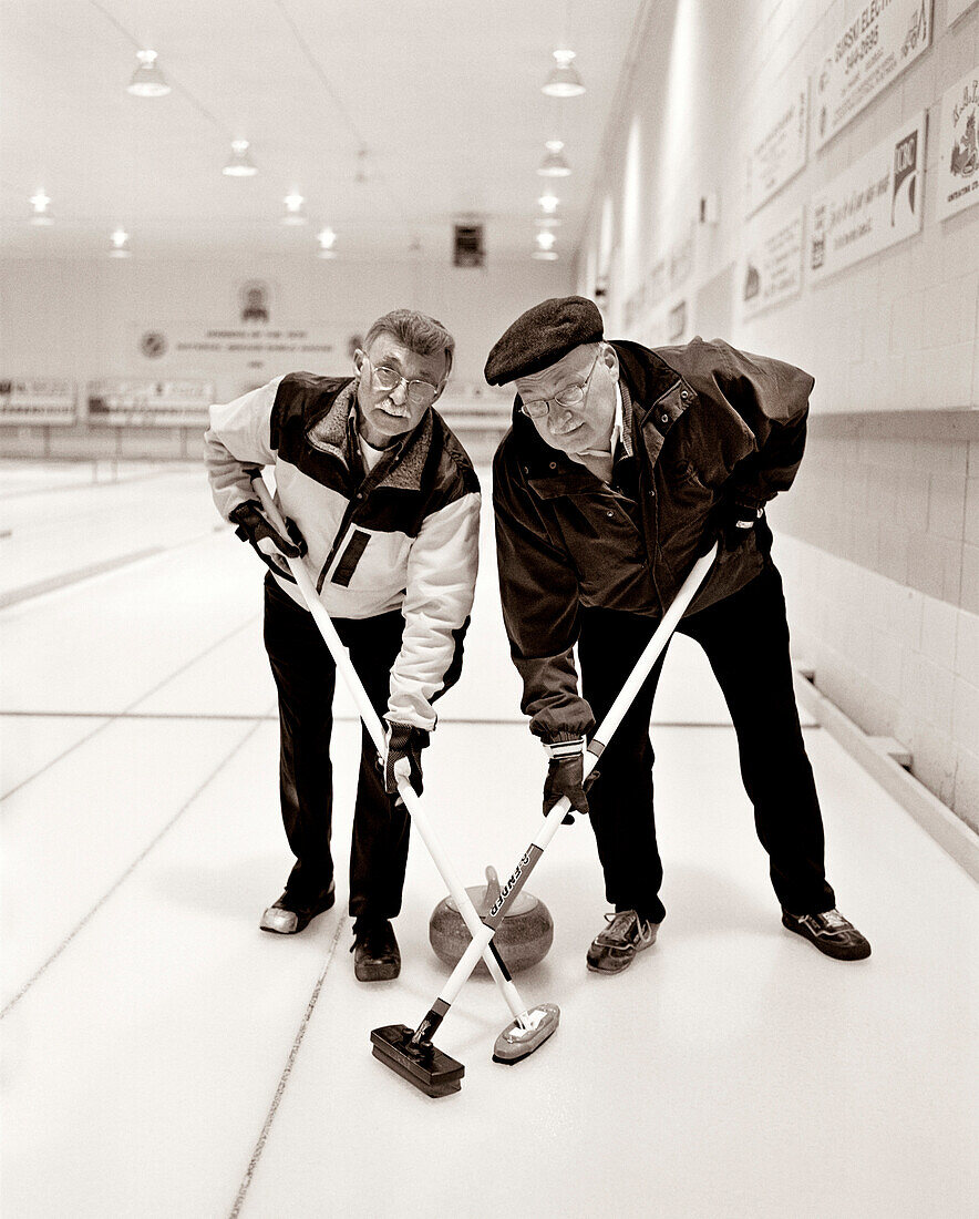 CANADA, senior men at Curling Club of Golden, portrait, Golden (B&W)