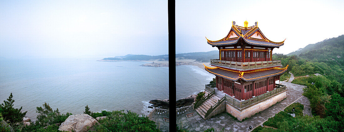 CHINA, elevated view of Buddhist temple and Hundred Steps beach, Putuoshan