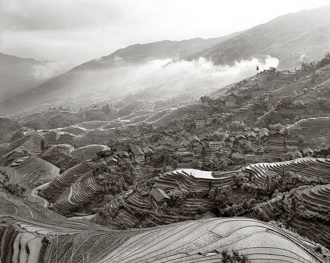 CHINA, Longsheng, elevated view of Dragon Backbone Rice Terraces (B&W)