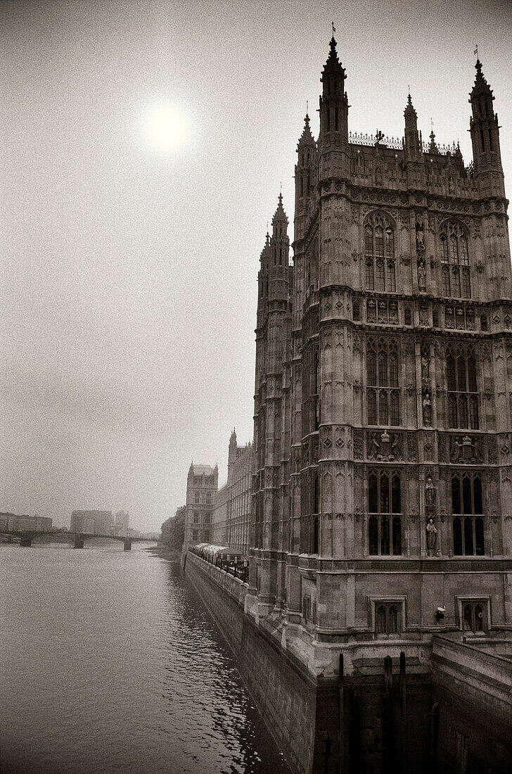 ENGLAND, London, a section of the Palace of Westminster and the River Thames as seen from the Westminster Bridge (B&W)