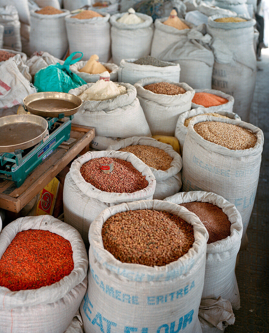 ERITREA, Asmara, beans, grains, and spices for sale at an open air market in Asmara