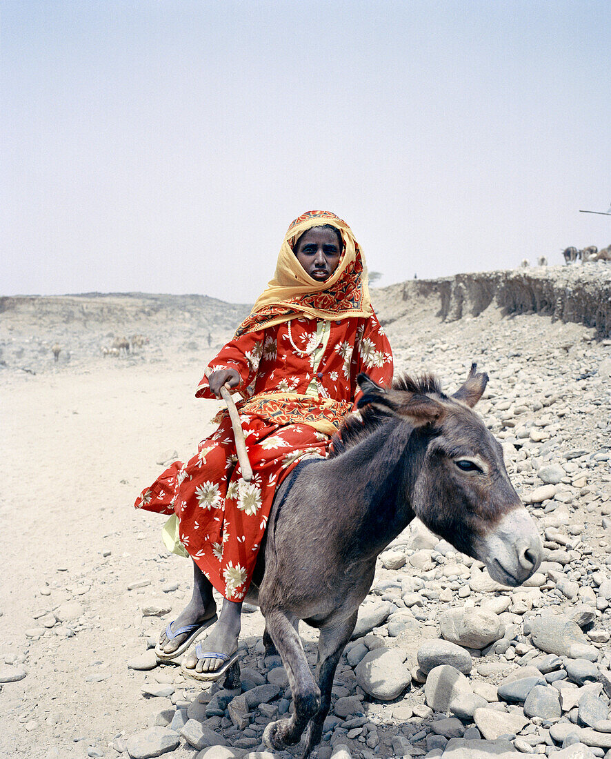 ERITREA, Foro, A Bedouin girl rides side-saddle on a donkey and tends to her livestock