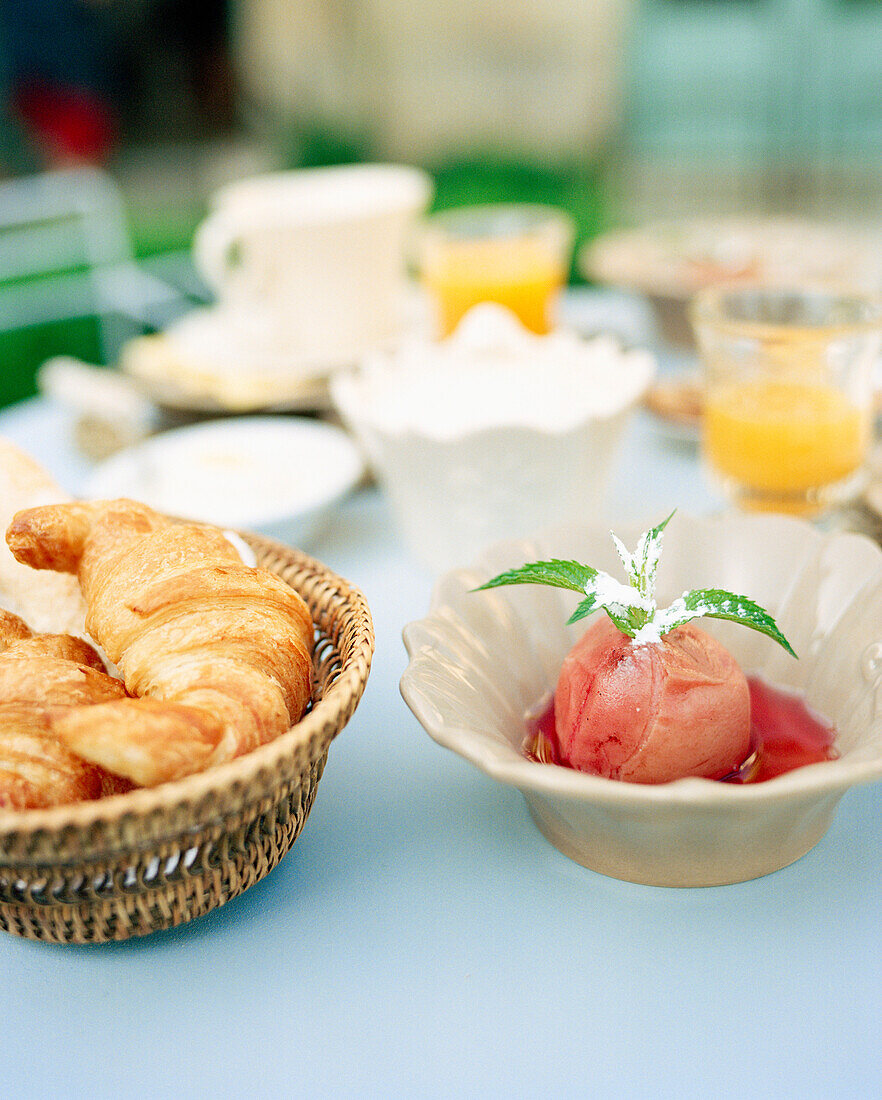 FRANCE, Burgundy, french breakfast on table, close-up, Aloxe-Corton