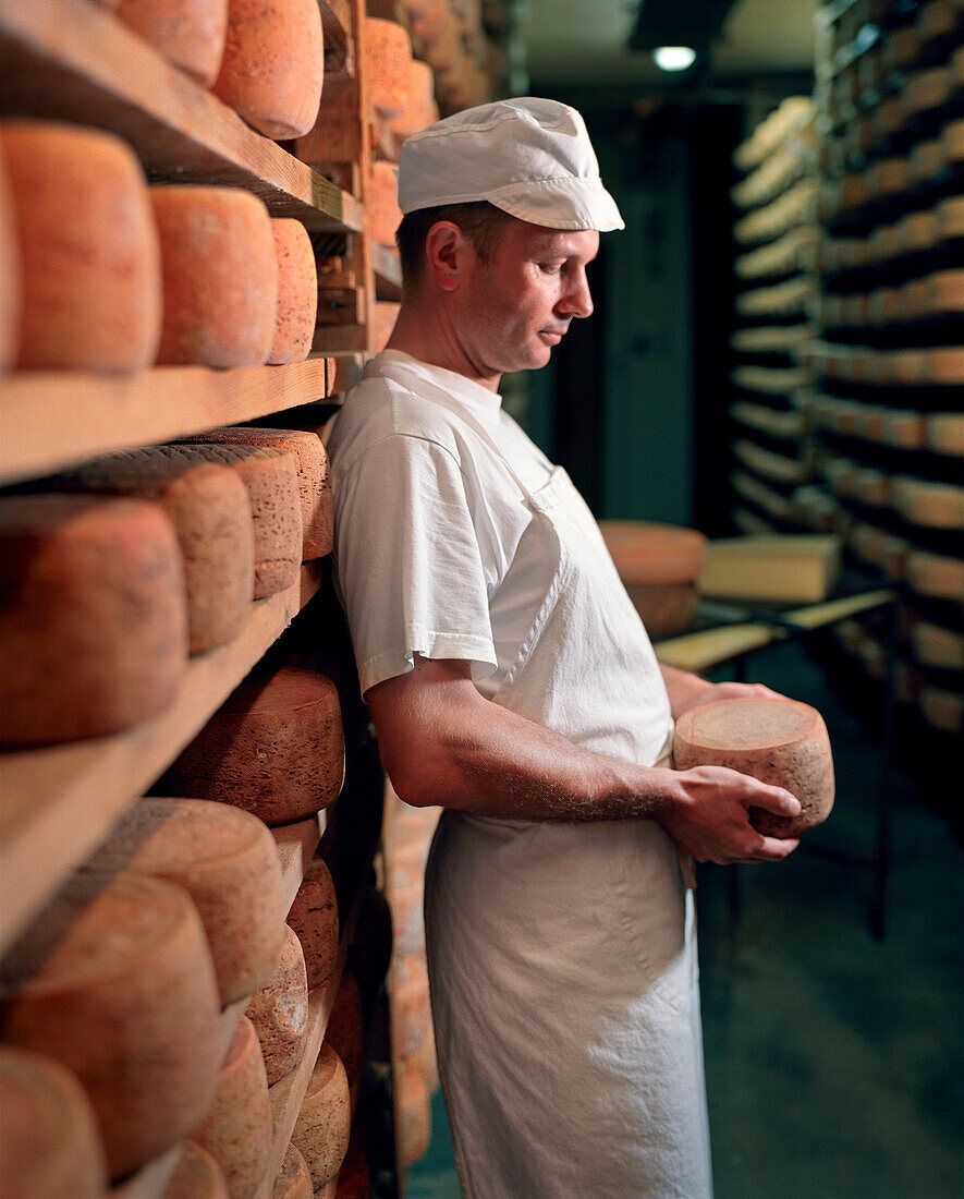 FRANCE, cheese maker Fabrice Michelin at the Fromagerie Michelin, Franche-Comte region, Mont D’or Cheese