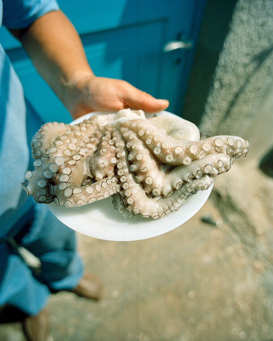 GREECE, Patmos, Diakofti, Dodecanese Island, Kostas holds a plate of octopus at Diakofti Taverna