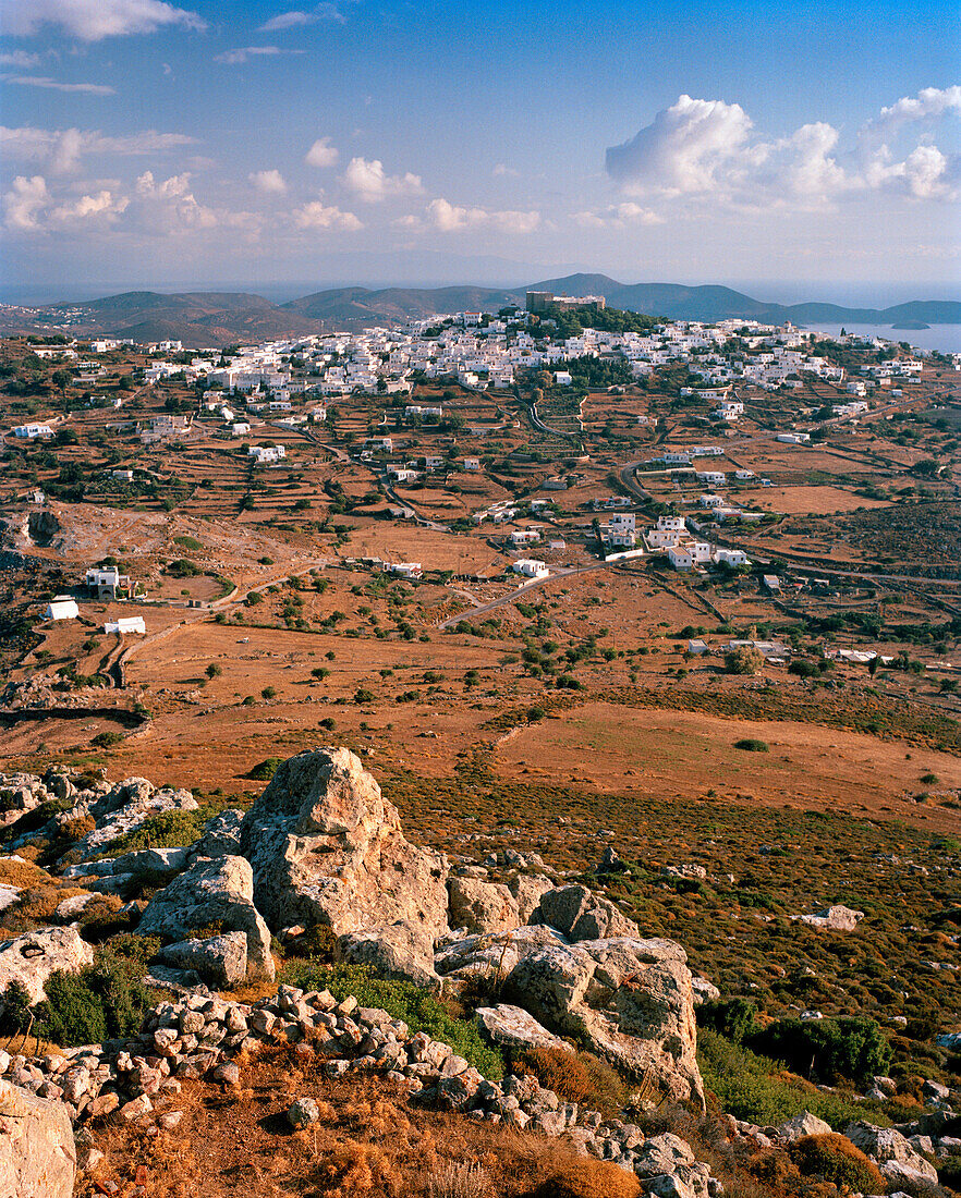 GREECE, Chora, Dodecanese Island, view of the island top village of Chora from Profitis Ilias