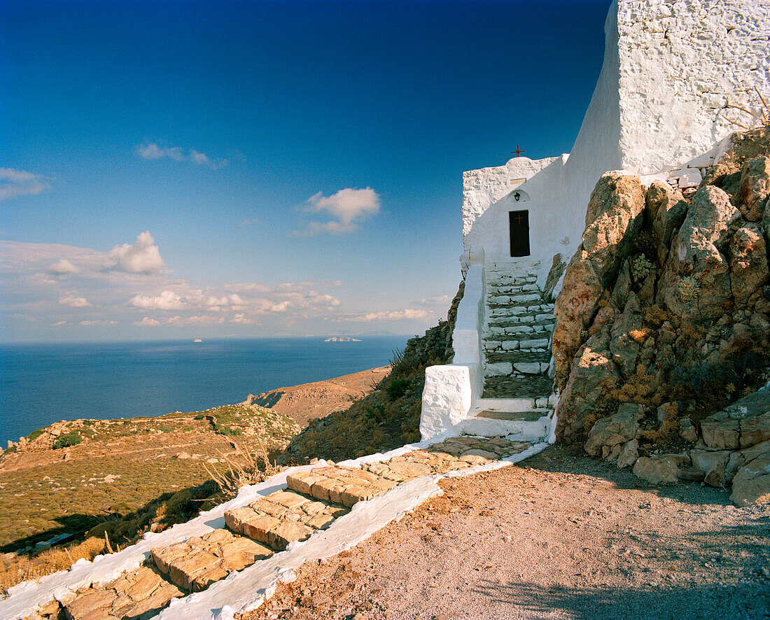 GREECE, Patmos, Dodecanese Island, church at the top of the Profitis Ilias, the highest point of the island of Patmos