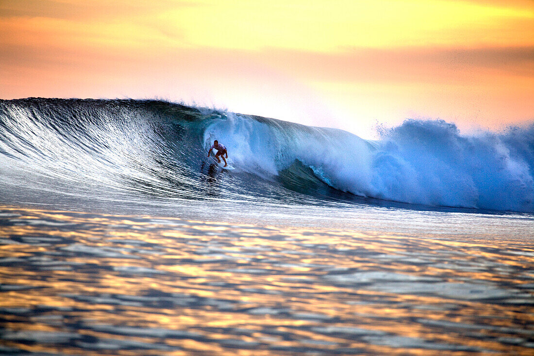 INDONESIA, Mentawai Islands, Kandui Resort, man surfing on wave at dusk, Bankvaults