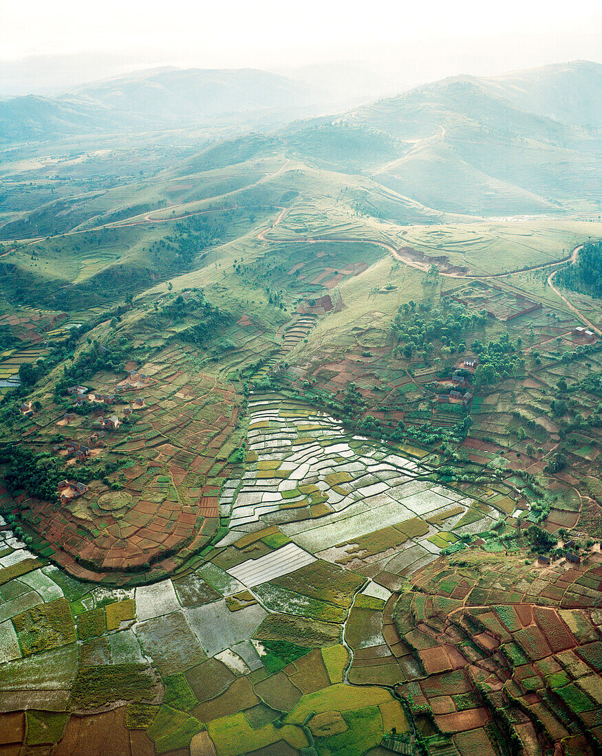 MADAGASCAR, aerial view of rice fields and countryside, Antananarivo