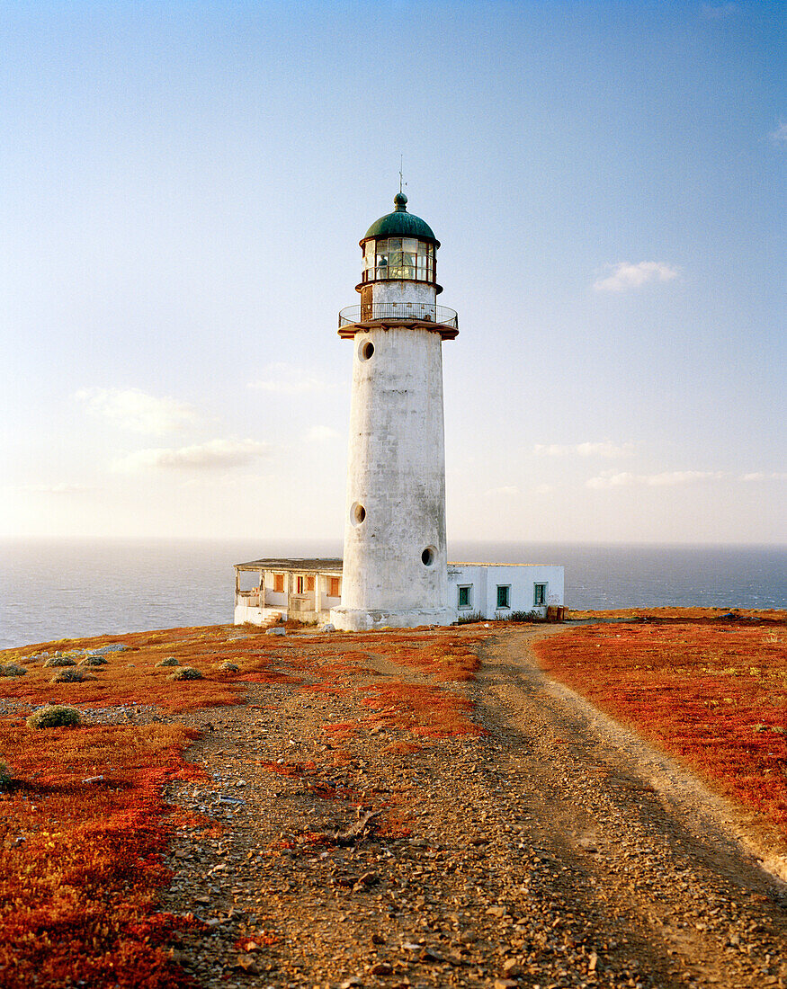 MEXICO, Baja, exterior of lighthouse and landscape, San Benitos Island