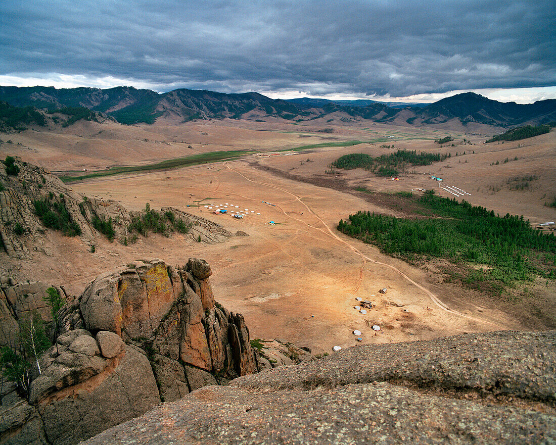 MONGOLIA, Gorkhi-Terelj National Park, vast landscape and ger camps with rock formations