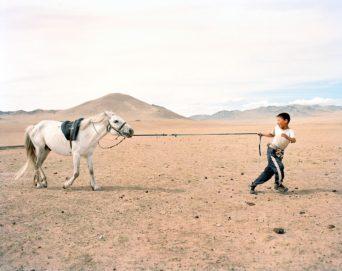 MONGOLIA, Khuvsgul National Park, a young boy attempts to lead his horse in a wide open landscape