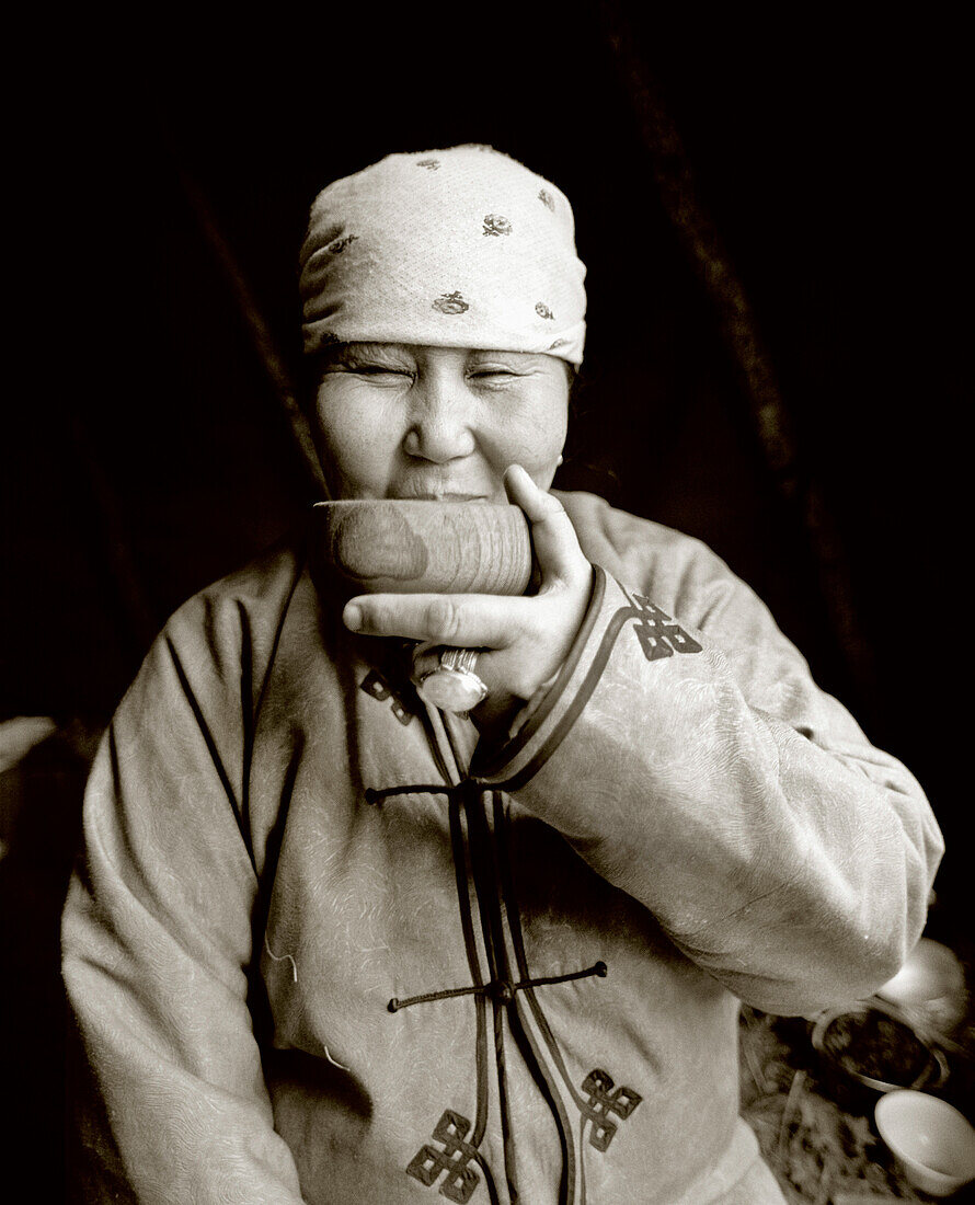 MONGOLIA, Khuvsgul National Park, drinking tea with the owner of a reindeer farm, near Khuvsgul Lake (B&W)