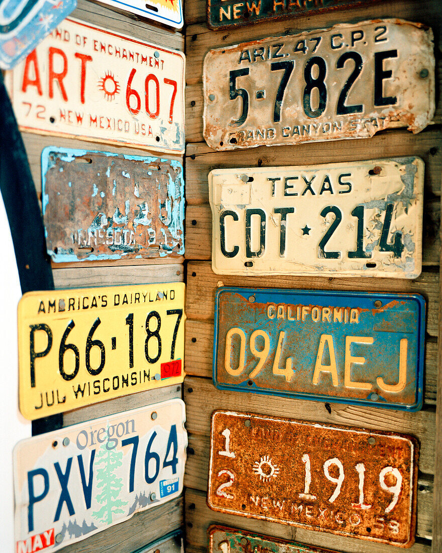 USA, New Mexico, old license plates on wall, Tinkertown, Route 66