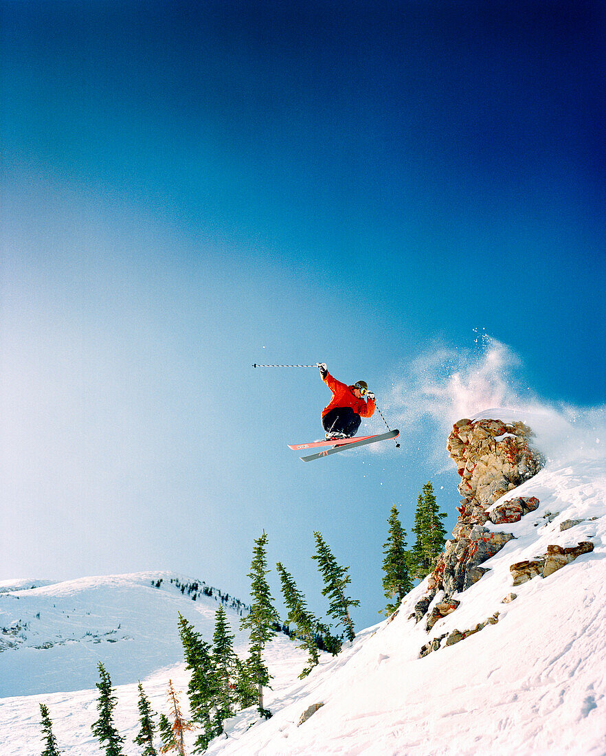 USA, Utah, skier in midair jump, Baldy Shoulder, Alta Ski Resort