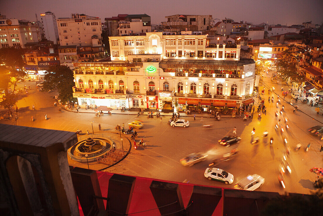 VIETNAM, Hanoi, an elevated night time view of the old quarter next to Hoan Kiem Lake