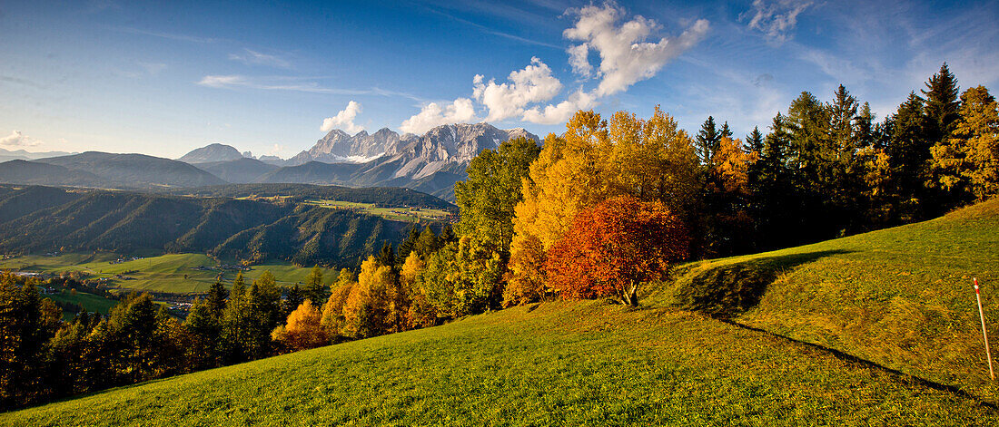 Autumn scenery in Ennstal, Dachstein in background, Styria, Austria