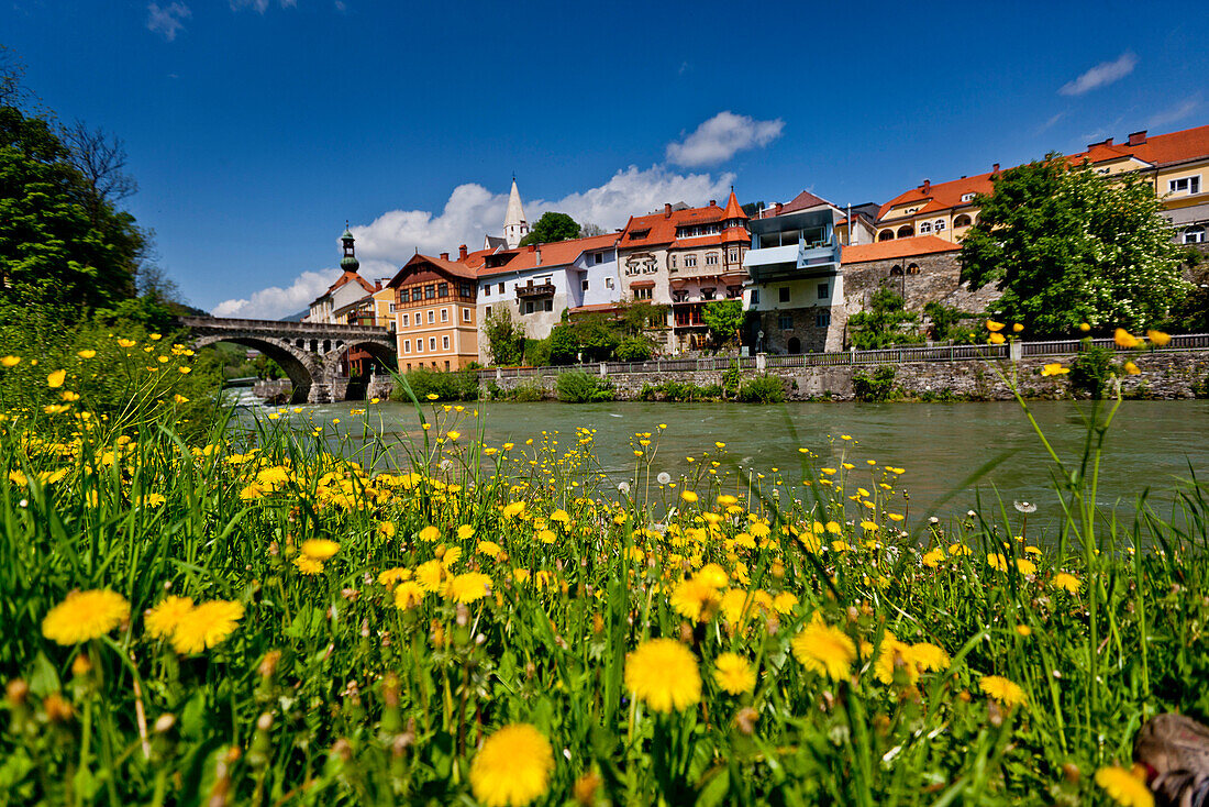 Blick über die Mur auf die Altstadt, Murau, Steiermark, Österreich