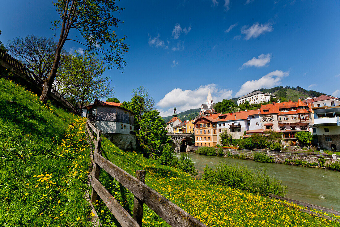 View over river Mur to old town, Murau, Styria, Austria