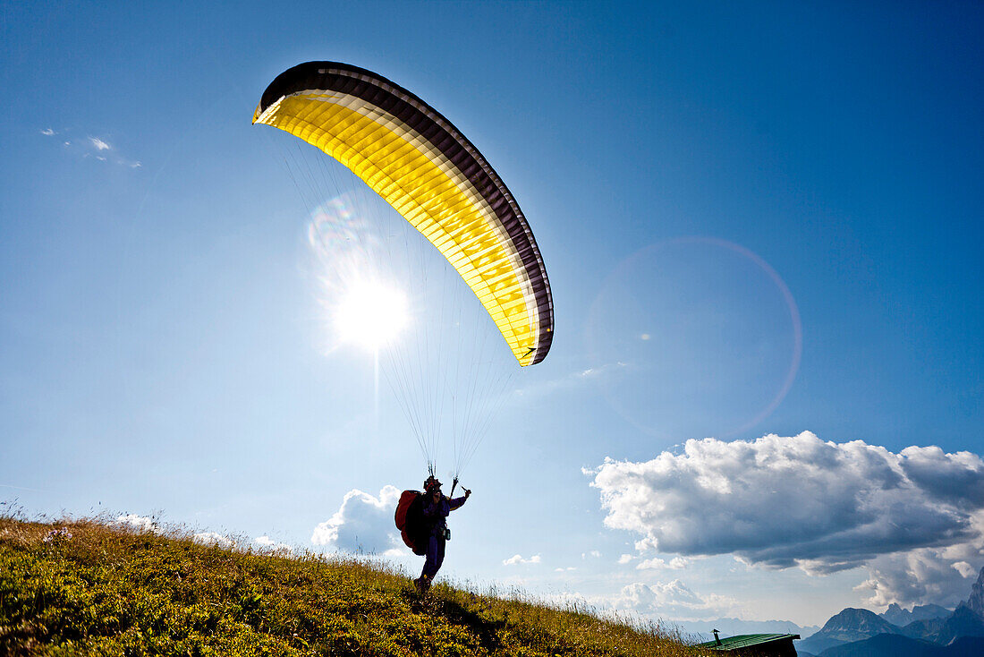 Paraglider is taking off, Planai, Styria, Austria