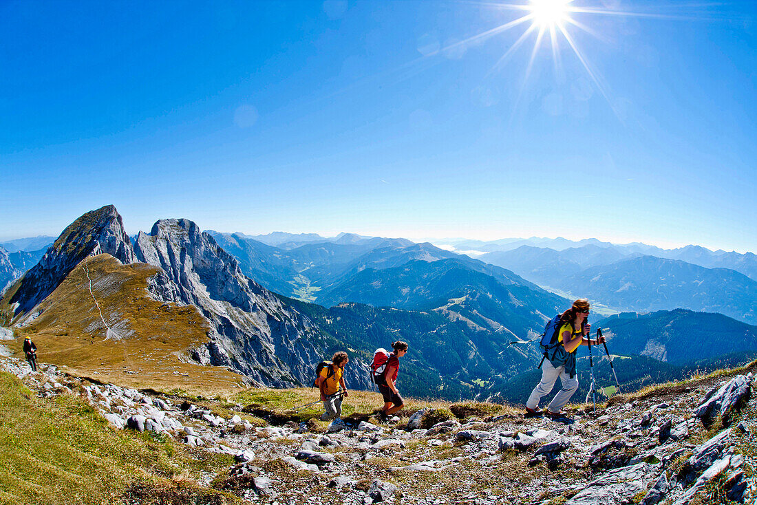 Hikers ascending, Admonter Kalbling, Kaiserau, Styria, Austria