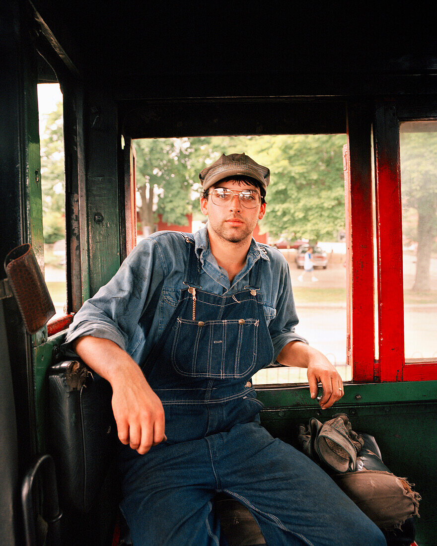 USA, Connecticut, portrait of a train engineer in Essex.
