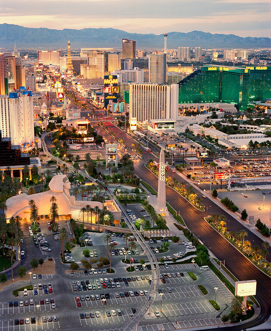 USA, Nevada, Las Vegas, cityscape of the Las Vegas Strip with parking lot, casinos and luxury hotels