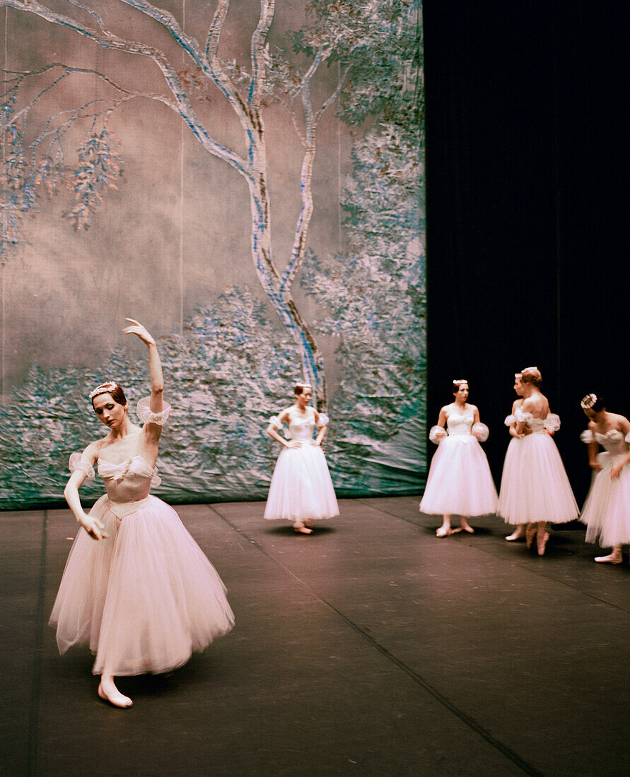 RUSSIA, Moscow, group of Bolshoi ballerinas warming up before a performance at the Bolshoi Theatre.