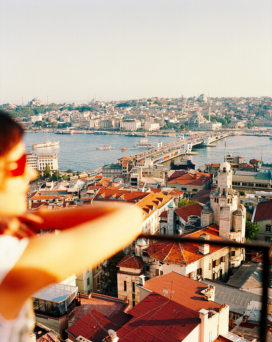 TURKEY, Istanbul, high angle view of city with galata tower and galata bridge