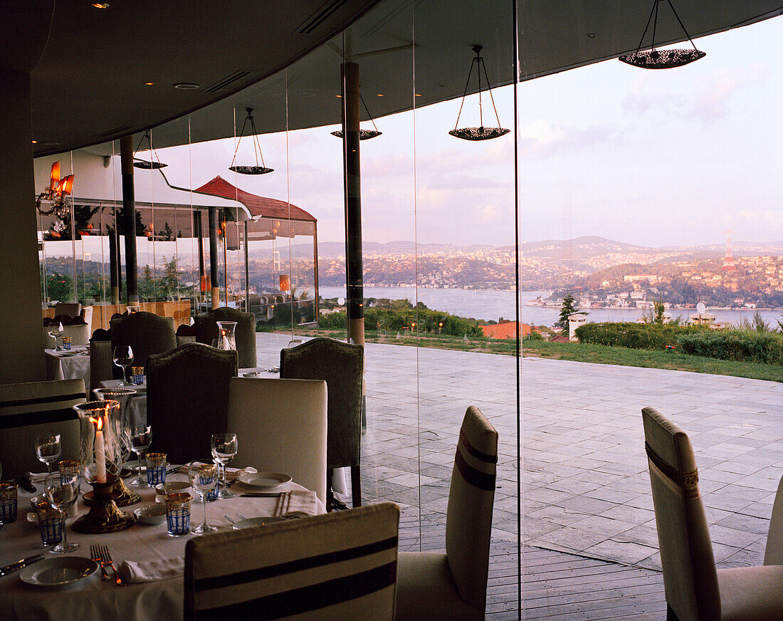 TURKEY, Istanbul, view of Bosphorus city from Ulus 29 restaurant