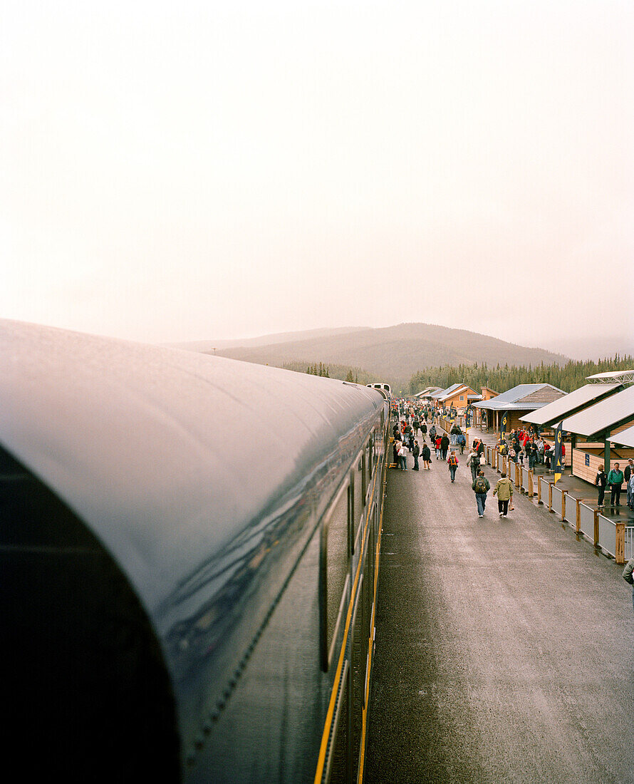 USA, Alaska, train passengers at Denali park train station, elevated view