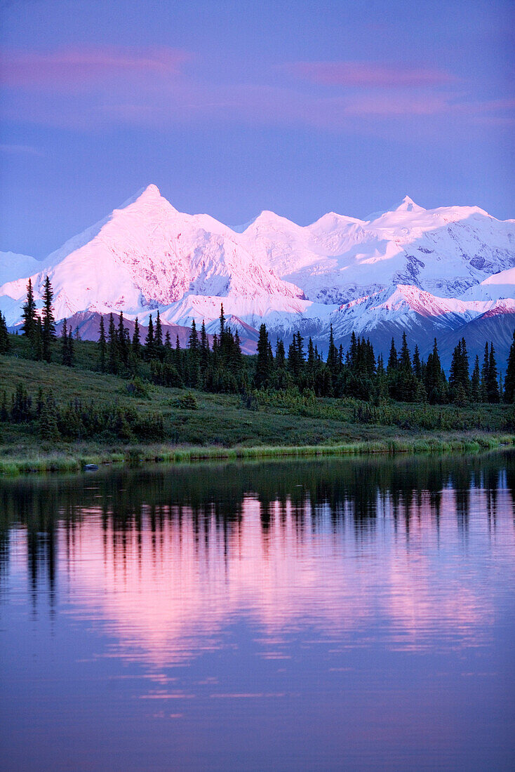 USA, Alaska, Brooks Peak reflecting in Mirror Lake, Denali National Park