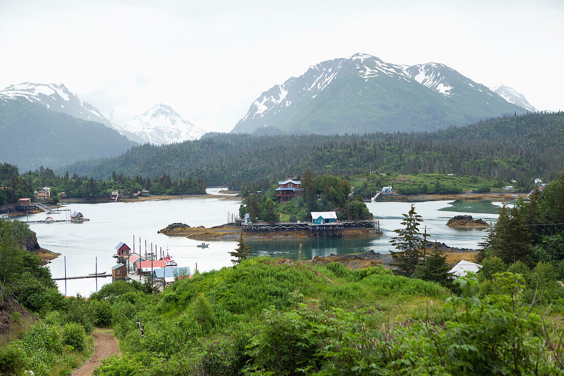 ALASKA, Homer, an overall view of Halibut Cove in the evening time