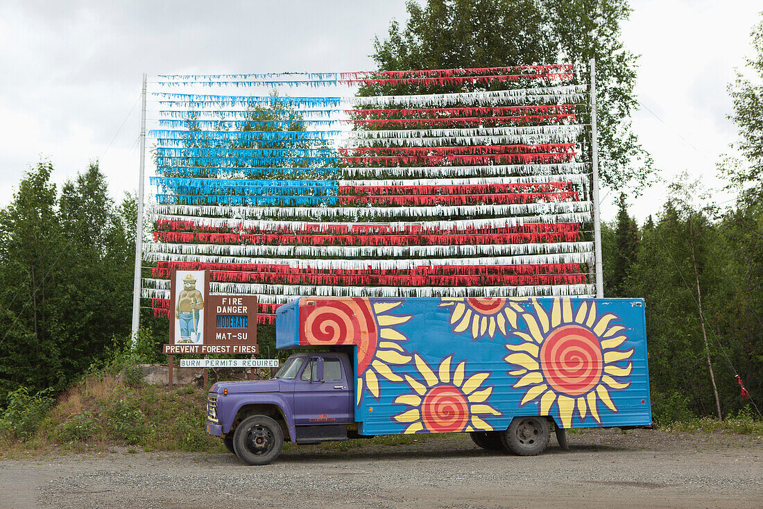 ALASKA, Talkeetna, a painted truck on side of the road 15 miles south of Talkeetna near Willow Creek