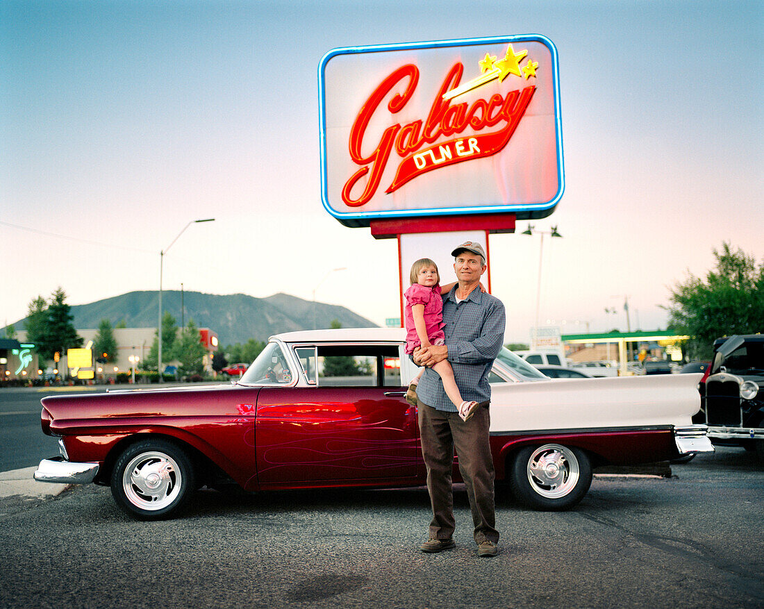 USA, Arizona, grandfather and granddaughter by ford fairlane, Galaxy Diner, Flagstaff