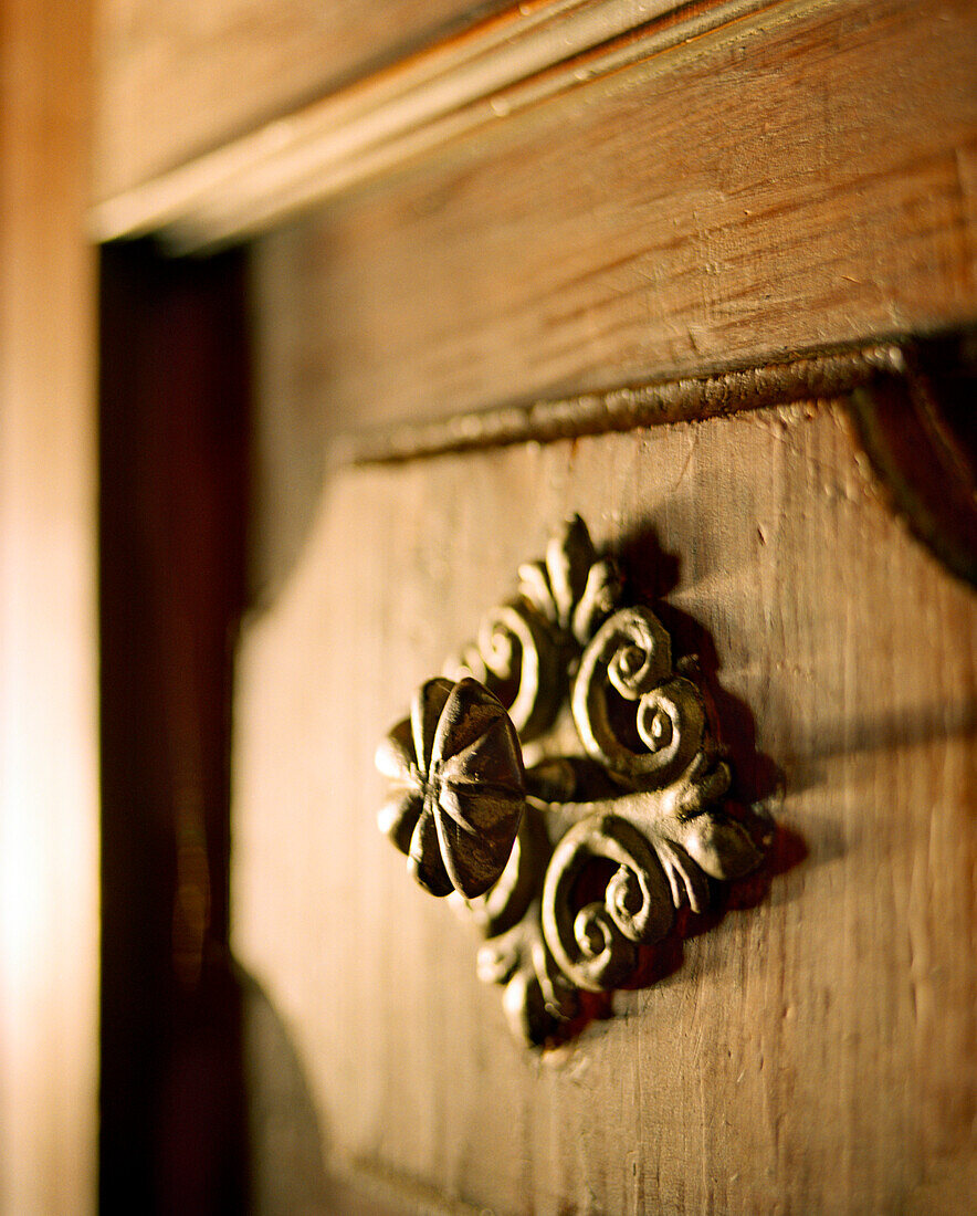 AUSTRIA, Bernstein, detail of a door fixture at the Burg Bernstein Castle and Hotel, Burgenland