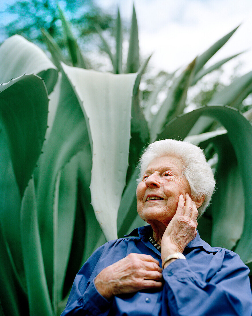 USA, California, happy 100 year old woman at the Bancroft Gardens