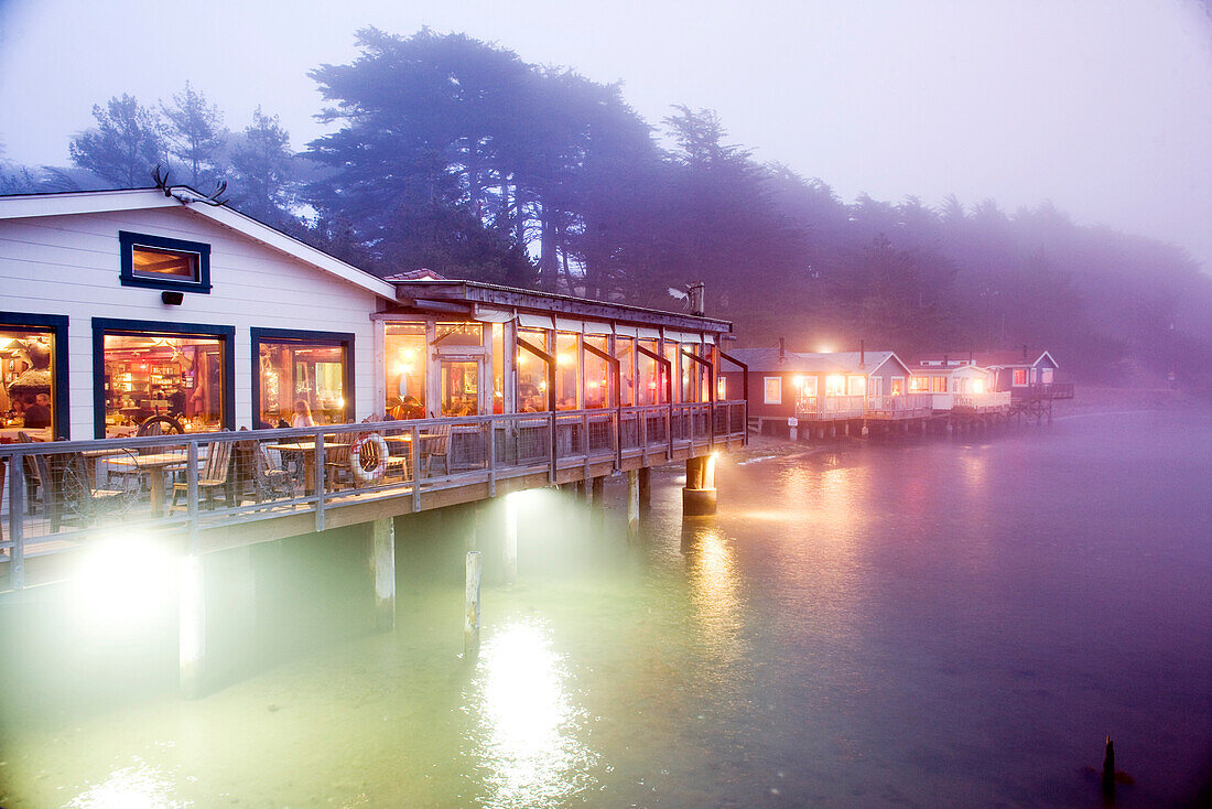 USA, California, Nick' Cove Restaurant at night, Tomales Bay
