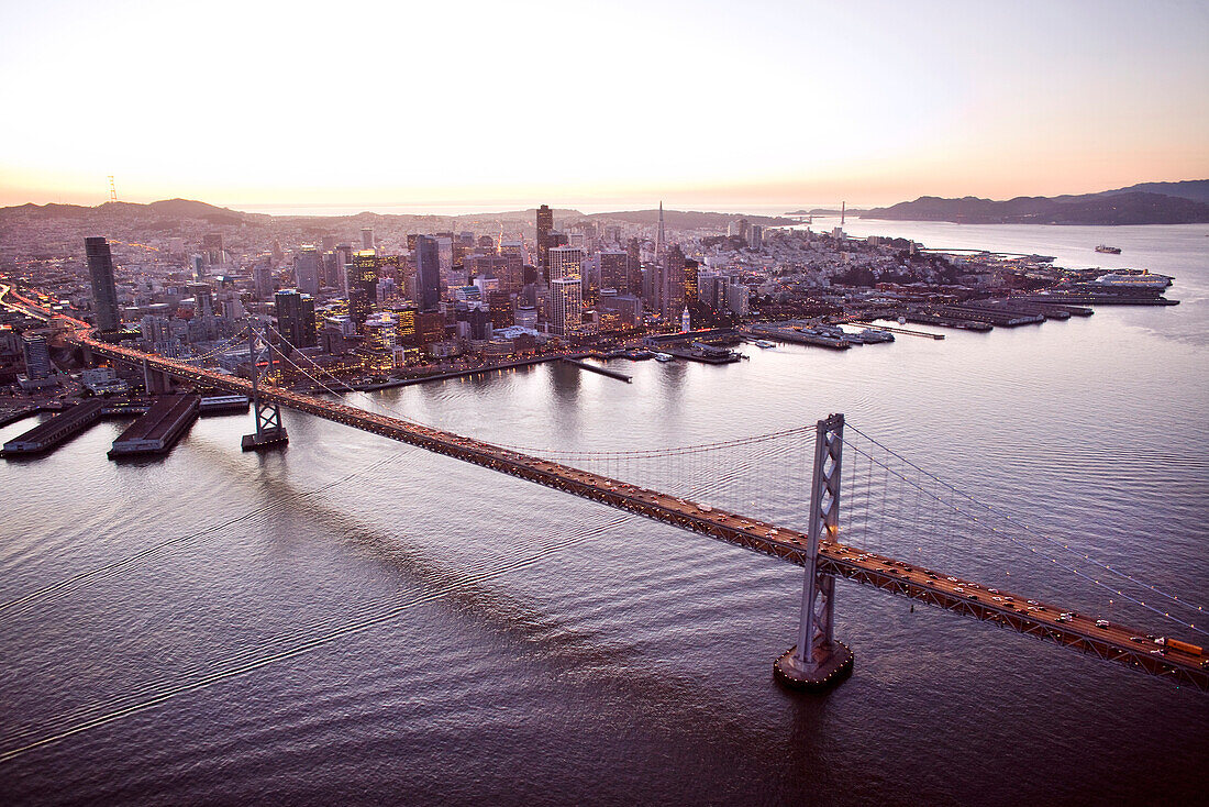 USA, California, San Francisco, View of San Francisco and the San Francisco Bay from the Airship Ventures Zepplin, Bay Bridge