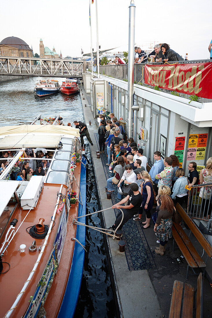 Party barge Frau Hedi landing at Landungsbruecken pier, harbour cruise, Hamburg, Germany