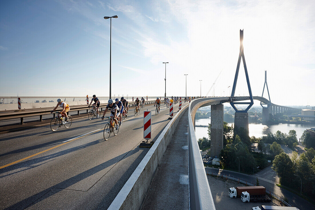 Closed Koehlbrand Bridge during the Cyclassics cycling race, Wilhelmsburg, Hamburg, Germany