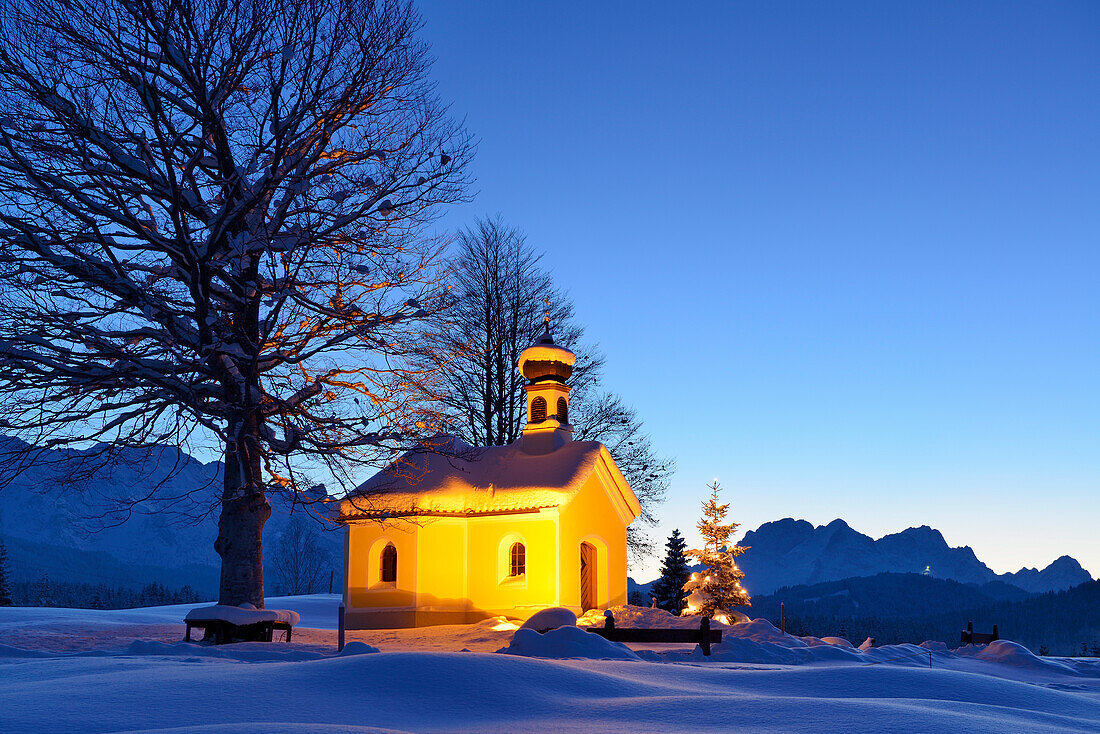 Verschneite Kapelle mit Christbaum und Wettersteingebirge im Hintergrund, Krün, Werdenfels, Bayerische Alpen, Oberbayern, Bayern, Deutschland