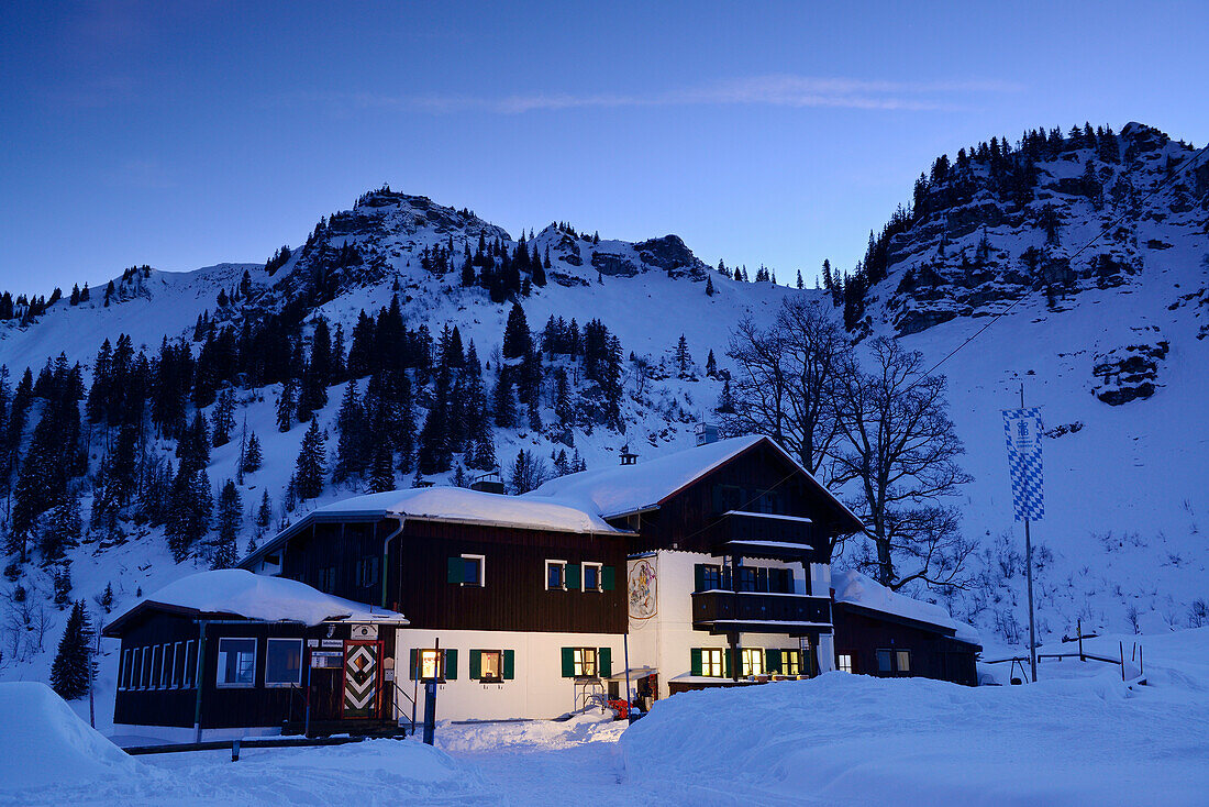 Bodenschneidhaus alpine hut, illuminated at night, in front of Bodenschneid, Bodenschneid, lake Schliersee, Bavarian Alps, Upper Bavaria, Bavaria, Germany