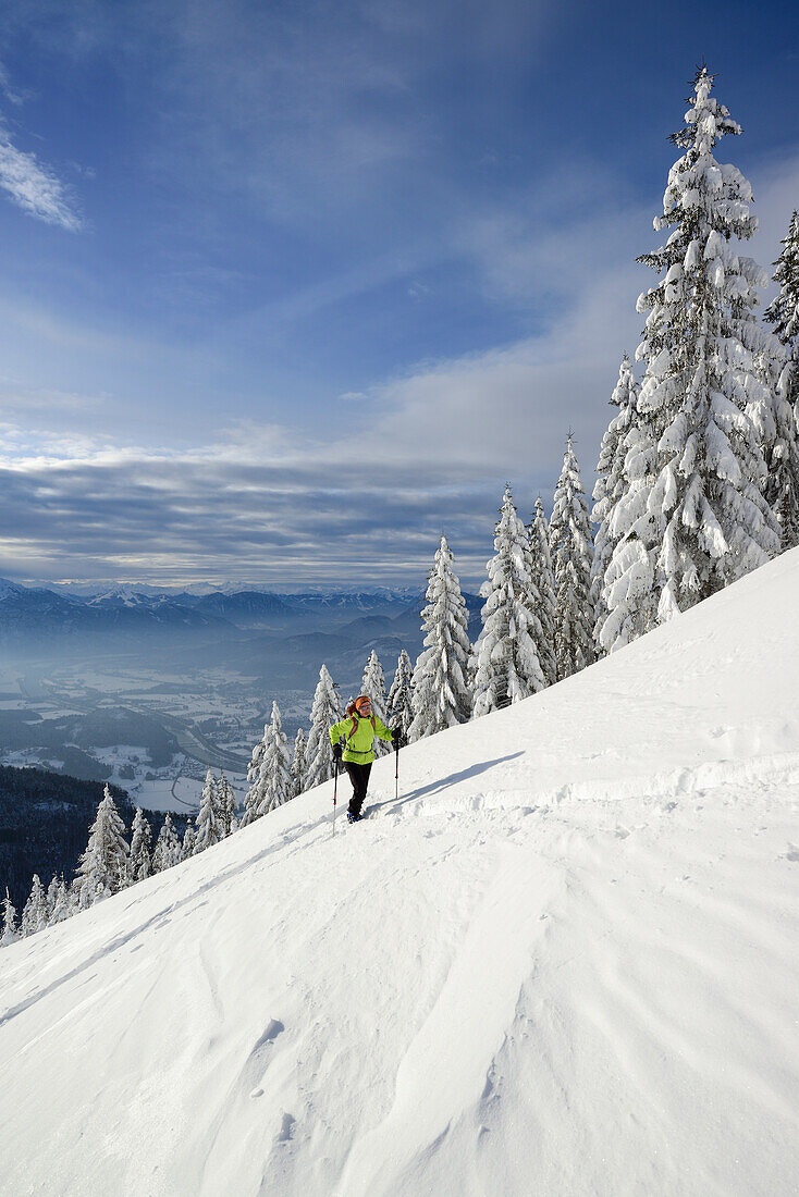 Female backcountry skier ascending to Kranzhorn, Kaiser Mountain Range in background, Chiemgau Alps, Tyrol, Austria