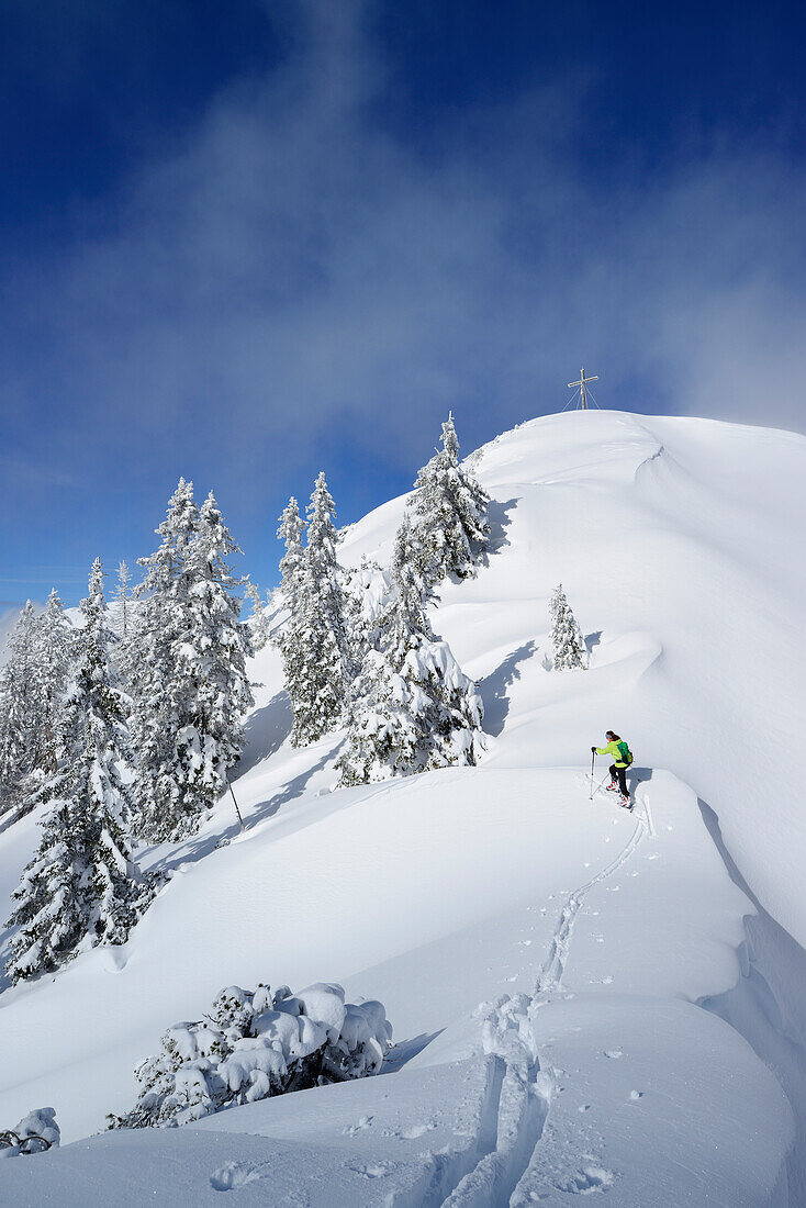 Female backcountry skier ascending to Trainsjoch, Mangfall range, Bavarian Alps, Upper Bavaria, Bavaria, Germany