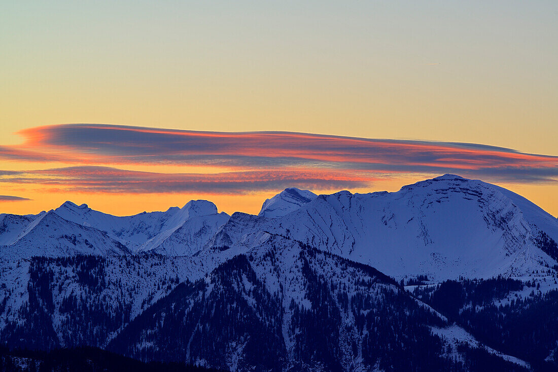 View from Jochberg to Foehn clouds in morning light above Karwendel range with Schafreuter, Jochberg, Bavarian Alps, Upper Bavaria, Bavaria, Germany